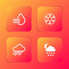 Set Water drop percentage, Snowflake, Cloud with rain and snow and moon icon. Vector.