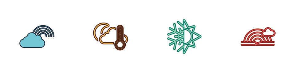 Set Rainbow with cloud, Thermometer and cloud, moon, Sun snowflake and icon. Vector.