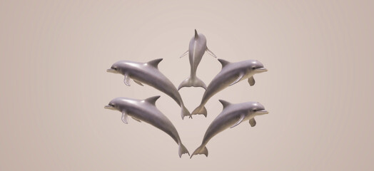 3D illustrations of five dolphins isolated with background