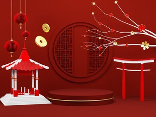 3D render - Chinese tradition podium, red geometric podium, a podium with happy new year, Chinese lunar new year concept.