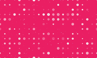 Seamless background pattern of evenly spaced white warning symbols of different sizes and opacity. Vector illustration on pink background with stars