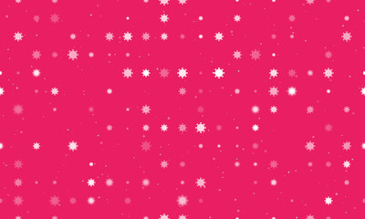 Seamless background pattern of evenly spaced white coronavirus symbols of different sizes and opacity. Vector illustration on pink background with stars