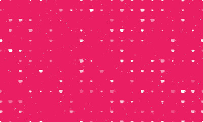 Seamless background pattern of evenly spaced white coffee cup symbols of different sizes and opacity. Vector illustration on pink background with stars