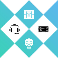 Set Headphones, Skull, Mystery or random box and Mobile playing in game icon. Vector.