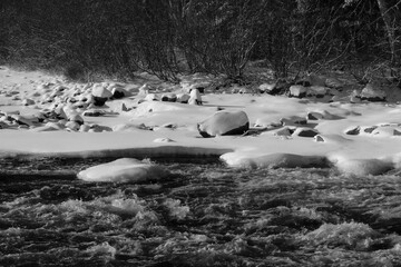 Icy river in the Canadian winters in Quebec
