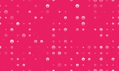 Seamless background pattern of evenly spaced white laughter Emoticons of different sizes and opacity. Vector illustration on pink background with stars