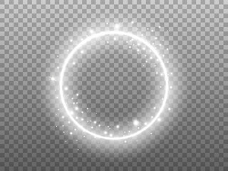 Circle shine on transparent backdrop. Glowing ring with glitter effect. Round silver frame and magic particles. Festive element with glittering stardust . Vector illustration