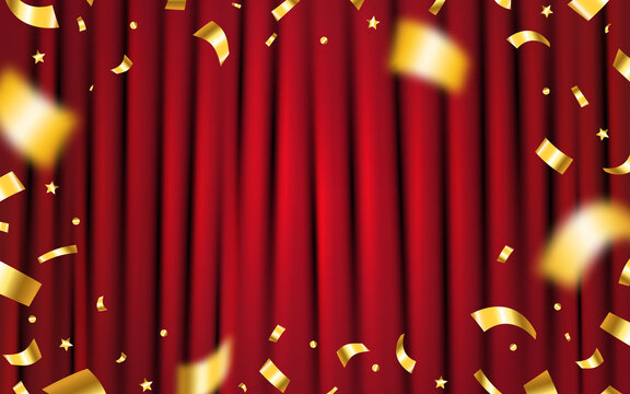 Curtain red with gold confetti. Concert or ceremony template. Award or winner concept with golden glitter. Shining stage background with spotlight. Vector illustration