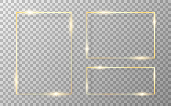 Gold frame set. Luxury golden border on transparent backdrop. Wedding or fashion template. Glamour rectangle with soft shadow. Realistic rich square. Vector illustration