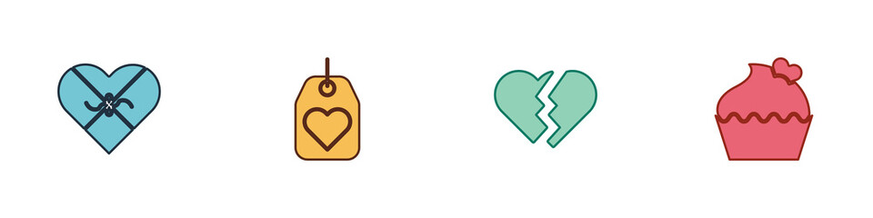 Set Candy in heart shaped box, Heart tag, Broken and Wedding cake with icon. Vector.