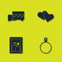 Set Like and heart, Diamond engagement ring, Picture frame and Heart icon. Vector.