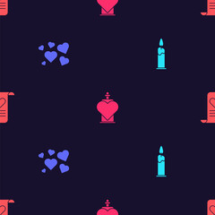 Set Burning candle, Heart, Bottle with love potion and Envelope Valentine heart on seamless pattern. Vector.