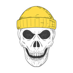 Skull with a hat. Vector illustration. Isolated object on white.