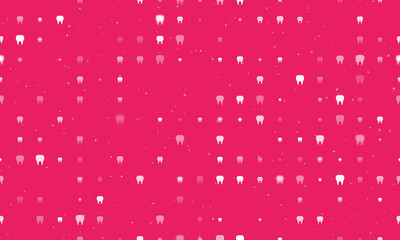 Seamless background pattern of evenly spaced white tooth symbols of different sizes and opacity. Vector illustration on pink background with stars
