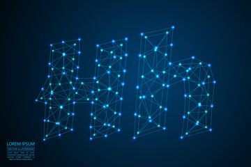 English letters abstract font consists 3d of triangles, lines, dots and connections. On a dark blue background cosmic universe stars, meteorites, galaxies. Vector illustration EPS 10.