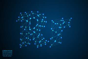 English letters abstract font consists 3d of triangles, lines, dots and connections. On a dark blue background cosmic universe stars, meteorites, galaxies. Vector illustration EPS 10.