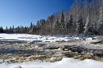 Icy river in the Canadian winters in Quebec