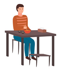 Fototapeta premium Man sitting at table eating delicious japanese chinese food with wooden sticks. Isolated guy sitting in cafe or restaurant. Student eating soup with chinese chopsticks. Cartoon character eating