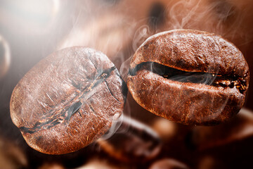 Freshly roasted coffee beans in close-up macro
