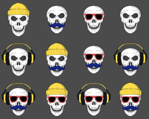 Set of skulls with hats, mustache, sunglasses and headphones. Vector.