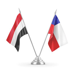 Chile and Yemen table flags isolated on white 3D rendering