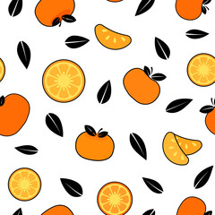 Tangerine fruit with black outline and black leaf, vector illustration over a white background, seamless pattern.