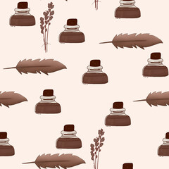 A pattern of writing pens and ink bottles in a retro style.