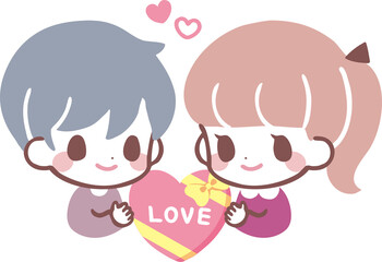 ハートのチョコを持って見つめ合う男女のイラスト素材