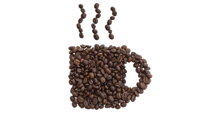 Roasted coffee beans are arranged as a coffee cup with steam rising above, displayed against a solid white background.