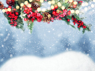 winter background with fir branches cones and snow