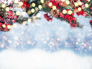 winter background with fir branches cones and snow
