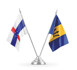 Barbados and Netherlands Antilles table flags isolated on white 3D rendering