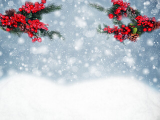 winter background with fir branches cones and snow