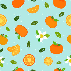 Tangerine orange and flowers, slices, guys and leaves, flat vector illustrations with tiny dots over sky blue background, seamless pattern