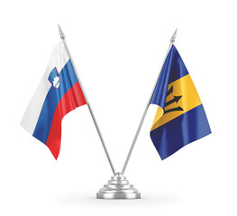 Barbados and Slovenia table flags isolated on white 3D rendering