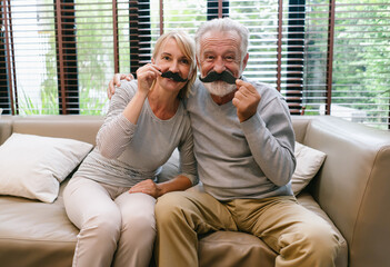 Playful elderly couple. Senior caucasian loving couple holding the fake moustache and looking at...