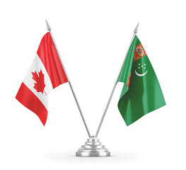 Turkmenistan and Canada table flags isolated on white 3D rendering 