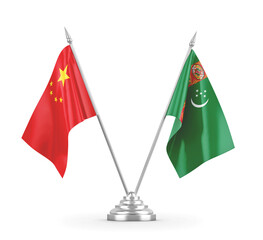 Turkmenistan and China table flags isolated on white 3D rendering