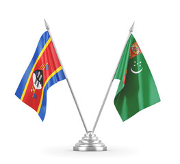 Turkmenistan and Eswatini Swaziland table flags isolated on white 3D rendering