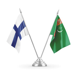 Turkmenistan and Finland table flags isolated on white 3D rendering
