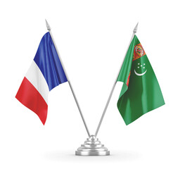 Turkmenistan and France table flags isolated on white 3D rendering