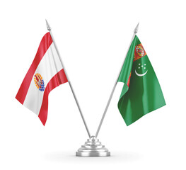 Turkmenistan and French Polynesia table flags isolated on white 3D rendering