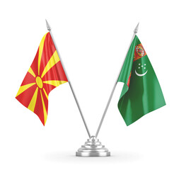 Turkmenistan and North Macedonia table flags isolated on white 3D rendering