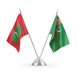 Turkmenistan and Maldives table flags isolated on white 3D rendering