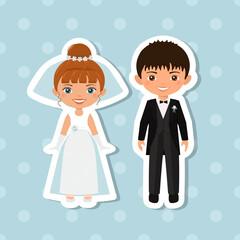Sticker of wedding couple on blue background. Flat cartoon style