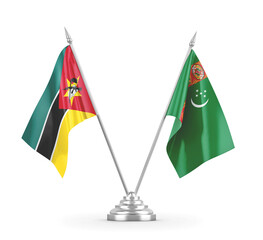 Turkmenistan and Mozambique table flags isolated on white 3D rendering