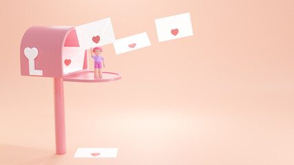 A mailbox with mail, a woman standing holding a letter on the mailbox, Valentine's Day. Background 3d rendering