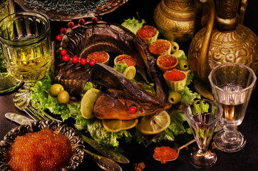 Baked sturgeon with black and red caviar, white wine and vodka