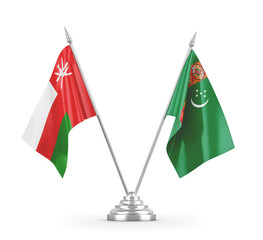 Turkmenistan and Oman table flags isolated on white 3D rendering