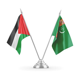 Turkmenistan and Palestine table flags isolated on white 3D rendering